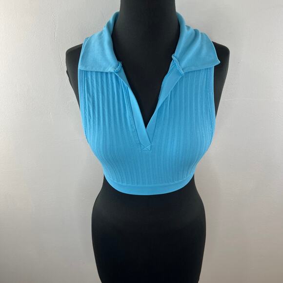Out From Under Urban Outfitters Sleeveless Crop Top Blue Ribbed Collared Sz M/L - Picture 3 of 8